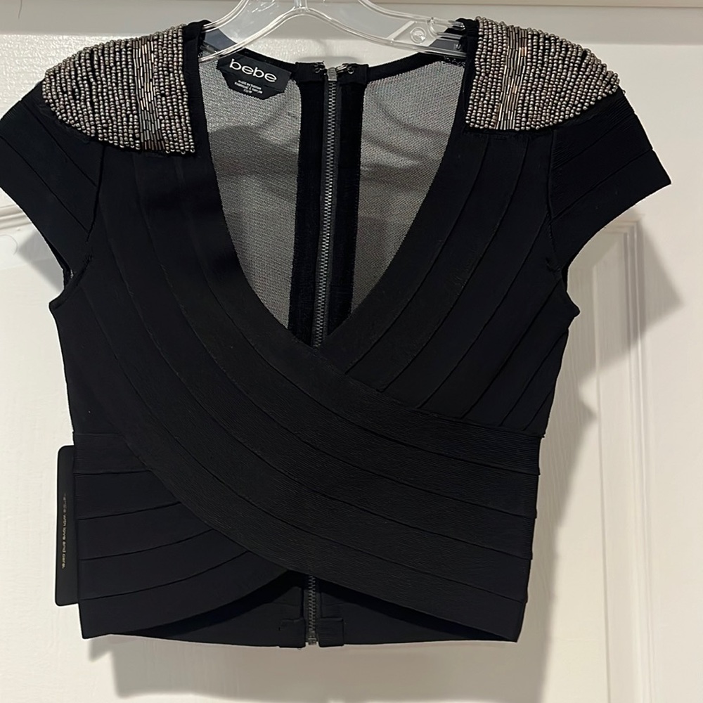 BEBE brand new hand embellished black bandage V-neck crop top! Never worn w/tag!